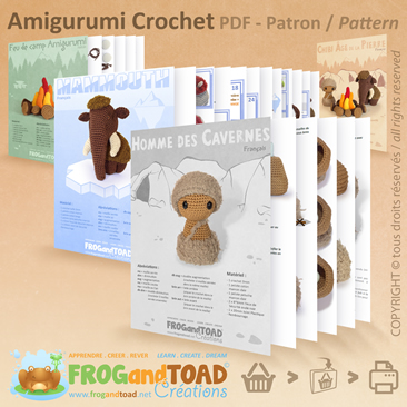 CHIBI - Âge de la pierre / Stone Age - Homme des Cavernes Néandertal / Caveman Neanderthal - Woolly Mammoth / Mammouth - Feu Glace / Fire Ice - Amigurumi Crochet - Patron / Pattern - FROG and TOAD Créations